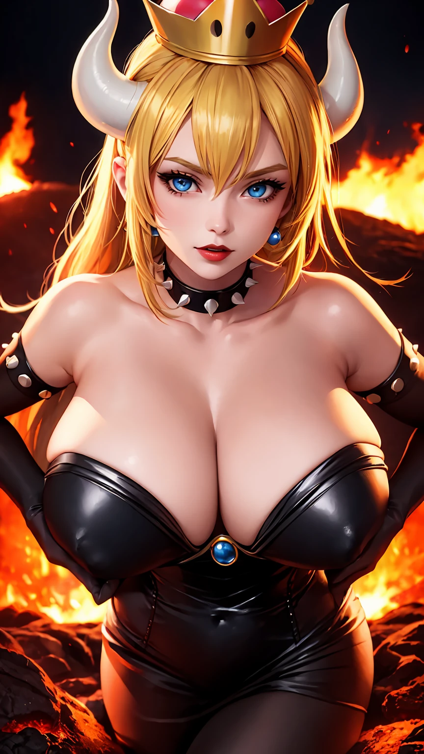 ((high detailed, best quality, 4k, masterpiece, hd:1.3)), ((best quality)), (((HD))), (((8k))), (ultraDH), (ultra HD), Princess Daisy, blue eyes, BREAK blue eyes, seductive, attractive, smooth anime cg art, 36C breasts, long legs, vivid colors, detailed digital art, slim body, perfect skin, dark blonde hair, long hair, blonde hair, blonde hair, BREAK crown, cleavage, 36C cleavage, looking at viewer, BREAK looking at viewer, extremely detailed face, red santa suit, red santa claus suit, santa claus suit, earrings, gem, dark black makeup lips, dark gothic eyeshadows, dark eyeshadows, black eyeshadows, black sexy lips, black lips, (dark:1.2), dark lips, very dark lips, (perfect hands, perfect anatomy), black makeup, black medium lips, black thick lips, detailed fingers, five fingers per hand, 5 fingers, (1 girl), detailed lips, detailed black lips, black painted lips, gothic painted lips, BREAK night, night sky, (breast focus), (arms outstreched:1.2), (from above:1.1), (breasts out:1.3), (off shoulder:1.1), (white horns), (corset), inside a lava castle, she inside a sea of lava, she bathing in lava, full body, perfect long legs, perfect foots, legs and foots into the lava, (((gigantic breasts)))