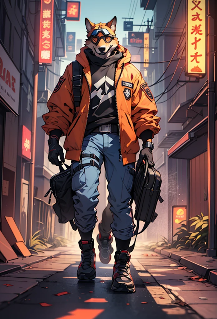 a dog gunslinger,dog head,bipedal walking,
one foot tall,
pilot-goggles on his head,duster orange short jacket,carries a super huge gun on his back, ready for action in the cyberpunk metropolis,
beautiful lighting, volumetric lighting, dynamic angle, (photographic portrait), sharp,