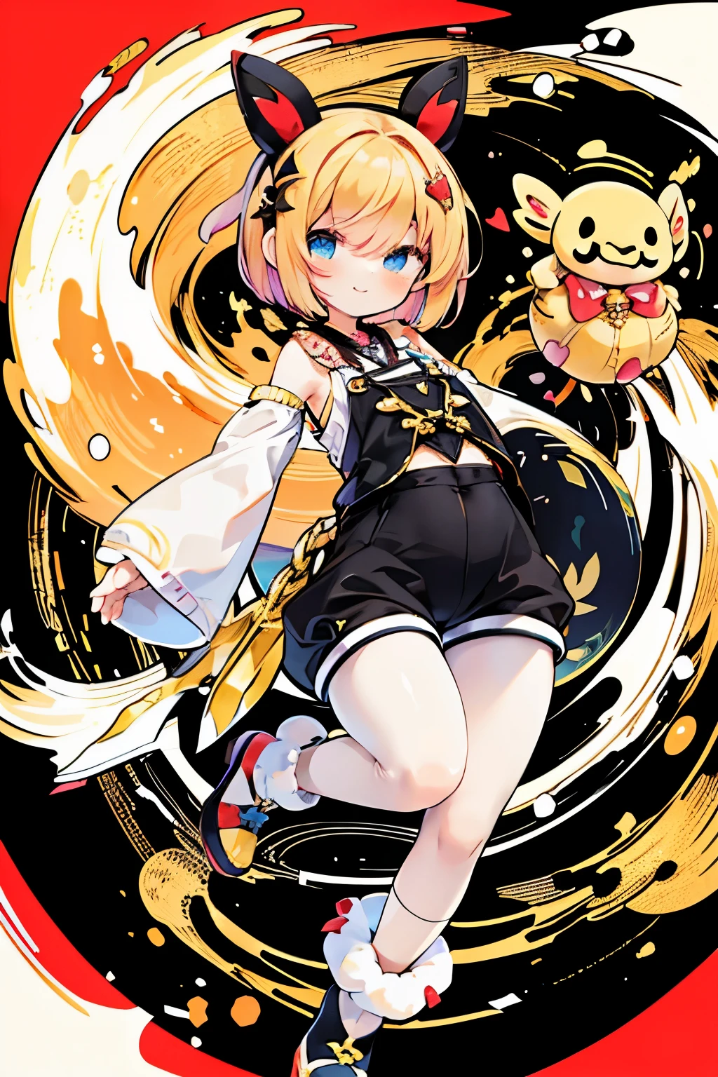 Yayoi Kusama, street snap, small, female brat, thick eyebrows, thin waist, pigtails, beautiful blonde, braid, rabbit ears, (masterpiece), ((highest quality)), (super detailed), girl, clean and detailed face, five fingers, textile shading, perfect human structure, perfect anatomy,
