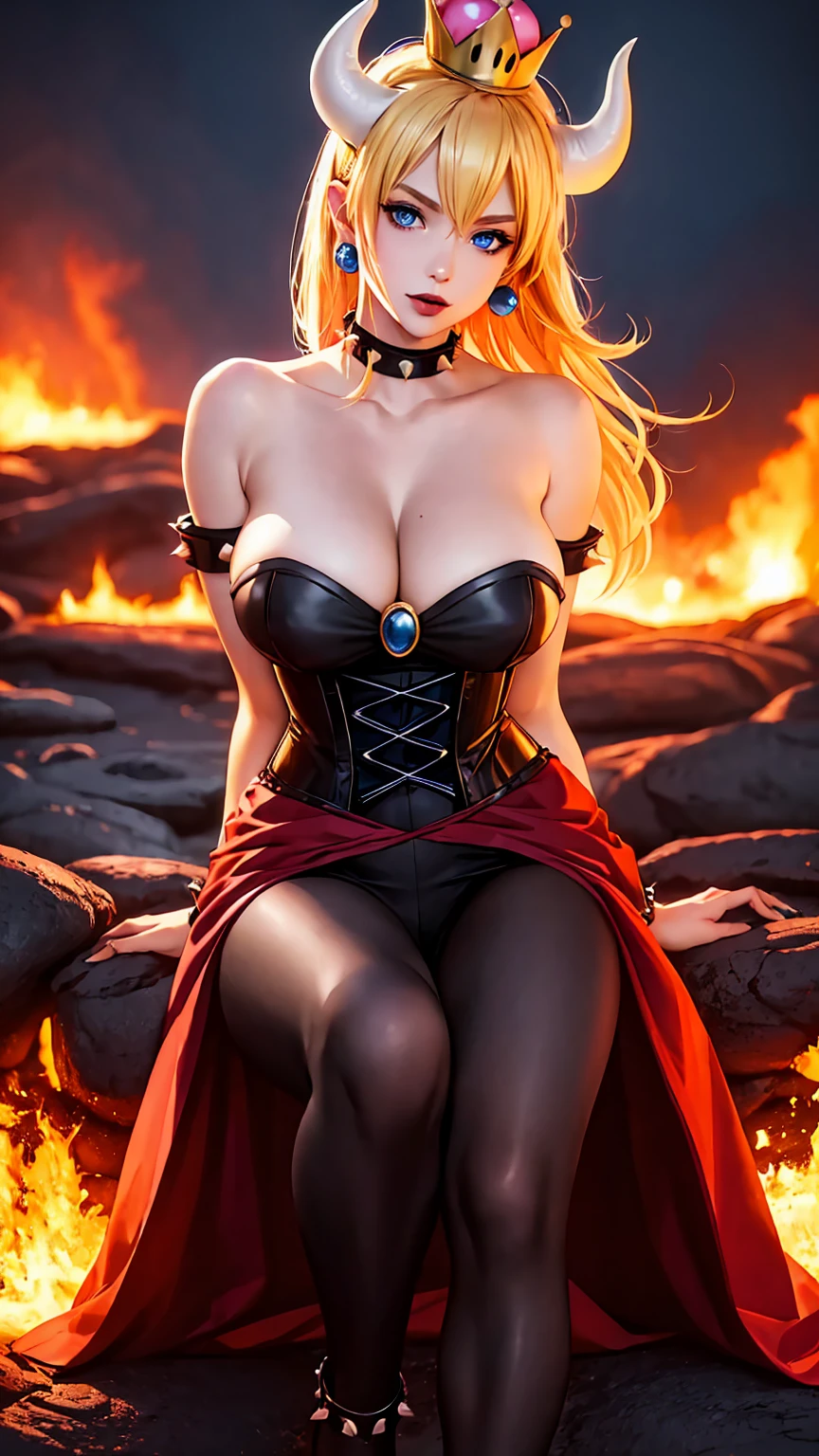 ((high detailed, best quality, 4k, masterpiece, hd:1.3)), ((best quality)), (((HD))), (((8k))), (ultraDH), (ultra HD), Princess Daisy, blue eyes, BREAK blue eyes, seductive, attractive, smooth anime cg art, 36C breasts, long legs, vivid colors, detailed digital art, slim body, perfect skin, dark blonde hair, long hair, blonde hair, blonde hair, BREAK crown, cleavage, 36C cleavage, looking at viewer, BREAK looking at viewer, extremely detailed face, red santa suit, red santa claus suit, santa claus suit, earrings, gem, dark black makeup lips, dark gothic eyeshadows, dark eyeshadows, black eyeshadows, black sexy lips, black lips, (dark:1.2), dark lips, very dark lips, (perfect hands, perfect anatomy), black makeup, black medium lips, black thick lips, detailed fingers, five fingers per hand, 5 fingers, (1 girl), detailed lips, detailed black lips, black painted lips, gothic painted lips, BREAK night, night sky, (breast focus), (arms outstreched:1.2), (from above:1.1), (breasts out:1.3), (off shoulder:1.1), (white horns), (corset), inside a lava castle, she inside a sea of lava, she bathing in lava, full body, perfect long legs, perfect foots, legs and foots into the lava, (((gigantic breasts)))