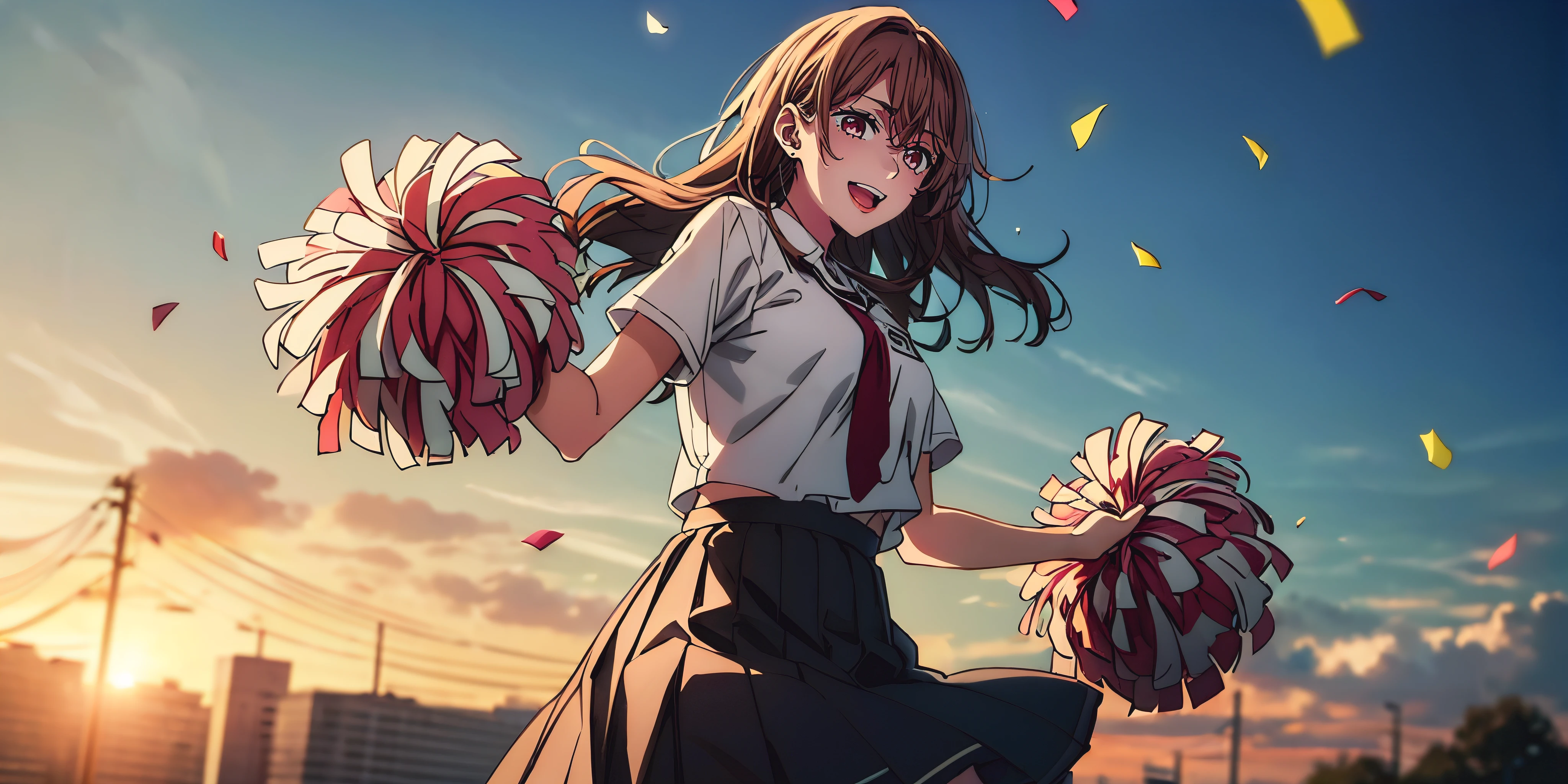 brown hair, long hair, eft_oshi_step, bangs, maroon eyes, curvy, anatomically correct, heavy breathing,1girl, cheerleader, cowboy shot, pom pom \(cheerleading\), :d, pink clothing, masterpiece,best quality,highres,ultra-detailed,aashizue, outdoors, blue sky, confetti, pleated skirt, (plump:1.2), (shaded face:1.2), hollow eyes, maroon eyes, looking at viewer, seductive smile, upper teeth, open mouth, glowing eyes,"Photorealistic, Hyperrealistic, Hyperdetailed, analog style, soft lighting, subsurface scattering, realistic, heavy shadow, masterpiece, best quality, ultra realistic, 8k, golden ratio, Intricate, High Detail, film photography, soft focus"