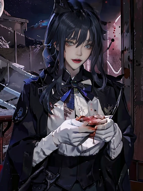 (genshin impact)
Ace 1, Vampire Hunter,realistically, dark, (female), Pale skin, Sharp fangs, brown eyes, (vampire hunter equipment:1.2), strong stare, flowing black hair,gnawing on the human body (hooded cloak:1.1), moonlight, Gothic environment, shadow, fog, (Crossbow on the back), ancient castle, Blue Hair, blue hair (moonlightสีซีด:1.1),blue-green eyes,short hair,jade earrings,Mole at the corner of the eye, (change:1.2), (Thirsty for blood:1.3), (Fangs pierce the skin:1.2), (Blood is splattered:1.1), Vampire bite, (Creepy atmosphere:1.1), (Creepy silence:1.1), spider, nighttime, elegant, mysterious.