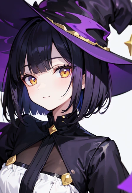 Witch's outfit, Anime-style portrait of a girl with a deep violet bob cut, {Golden eyes}, bright eyes, -facee contact with the camera, subtle smile, minimalistic background to emphasize character, high contrast, clean lines, digital painting, vivid colors