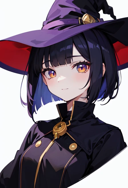 Witch's outfit, Anime-style portrait of a girl with a deep violet bob cut, {Golden eyes}, bright eyes, baby-faced, eye contact with the camera, subtle smile, minimalistic background to emphasize character, high contrast, clean lines, digital painting, vivid colors