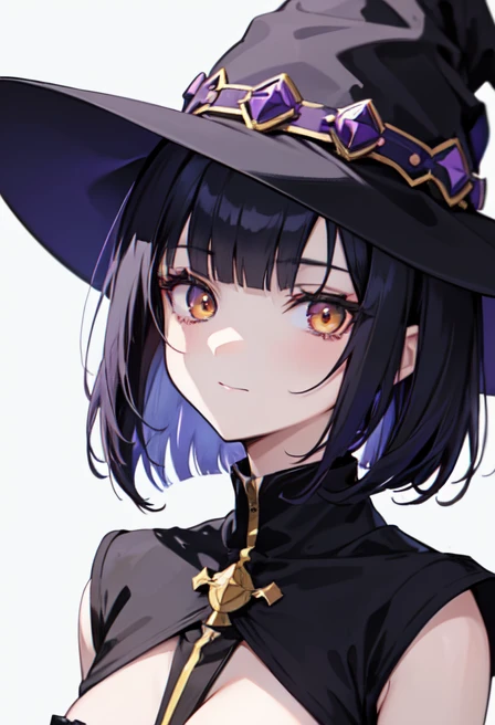 Witch's outfit, Anime-style portrait of a girl with a deep violet bob cut, {Golden eyes}, bright eyes, baby-faced, eye contact with the camera, subtle smile, minimalistic background to emphasize character, high contrast, clean lines, digital painting, vivid colors