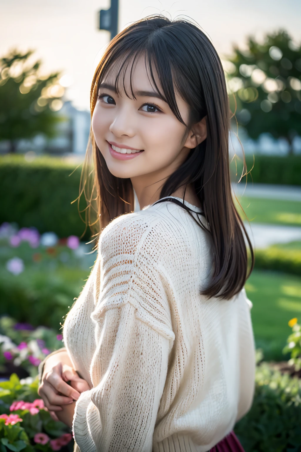 Happy smile seeing this、Under the Autumn Sky、Colorful sweaters、Highest quality、masterpiece、Ultra-high resolution、(Photorealistic:1.4)、One Girl、shoulder、attractive、looking at the camera、