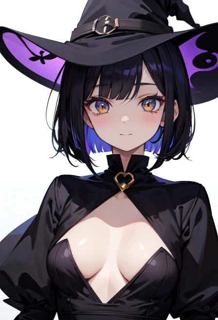 Witch's outfit, Anime-style portrait of a girl with a deep violet bob cut, {Golden eyes}, bright eyes, baby-faced, eye contact with the camera, subtle smile, minimalistic background to emphasize character, high contrast, clean lines, digital painting, vivid colors