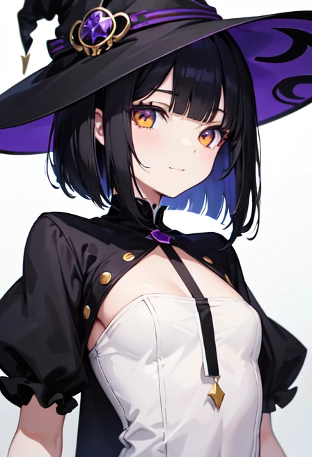 Witch's outfit, Anime-style portrait of a girl with a deep violet bob cut, {Golden eyes}, bright eyes, baby-faced, eye contact with the camera, subtle smile, minimalistic background to emphasize character, high contrast, clean lines, digital painting, vivid colors