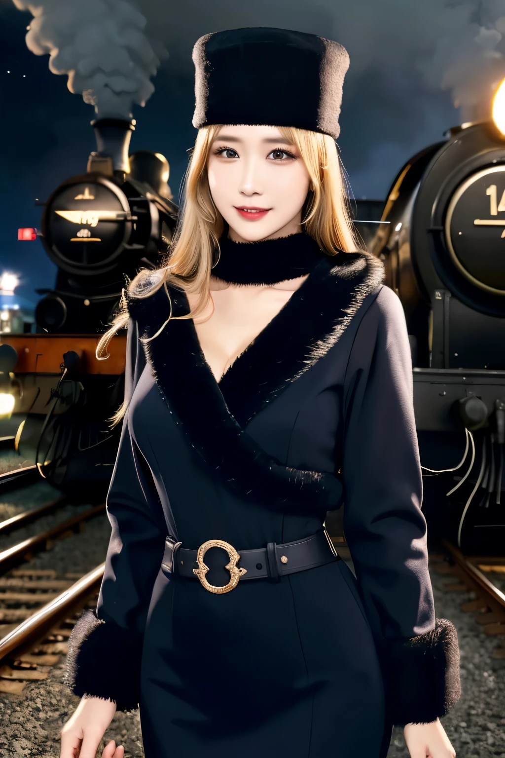 maetel, long hair, blonde hair,fur trim, black headwear, fur hat, dress,(cowboy shot:1.1), yellow eyes, (luggage:1.1), steam (train station:1.1),station platform,  night, galaxy,999
best quality, highly detailed, masterpiece, absurdres,8k,   (detailed eyes, deep eyes),photorealistic, realistic,detailed skin texture, detailed pupils,HDR,
1woman,(happy:1.1),smile, (angular face:1.2),shiny face,large breasts, (narrow waist:1.1), lip makeup,long eyelashes