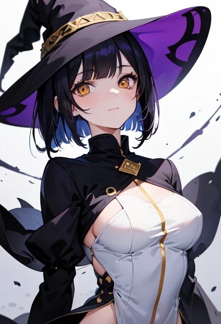 Witch's outfit, Anime-style portrait of a girl with a deep violet bob cut, {Golden eyes}, bright eyes, -facee contact with the camera, subtle smile, minimalistic background to emphasize character, high contrast, clean lines, digital painting, vivid colors