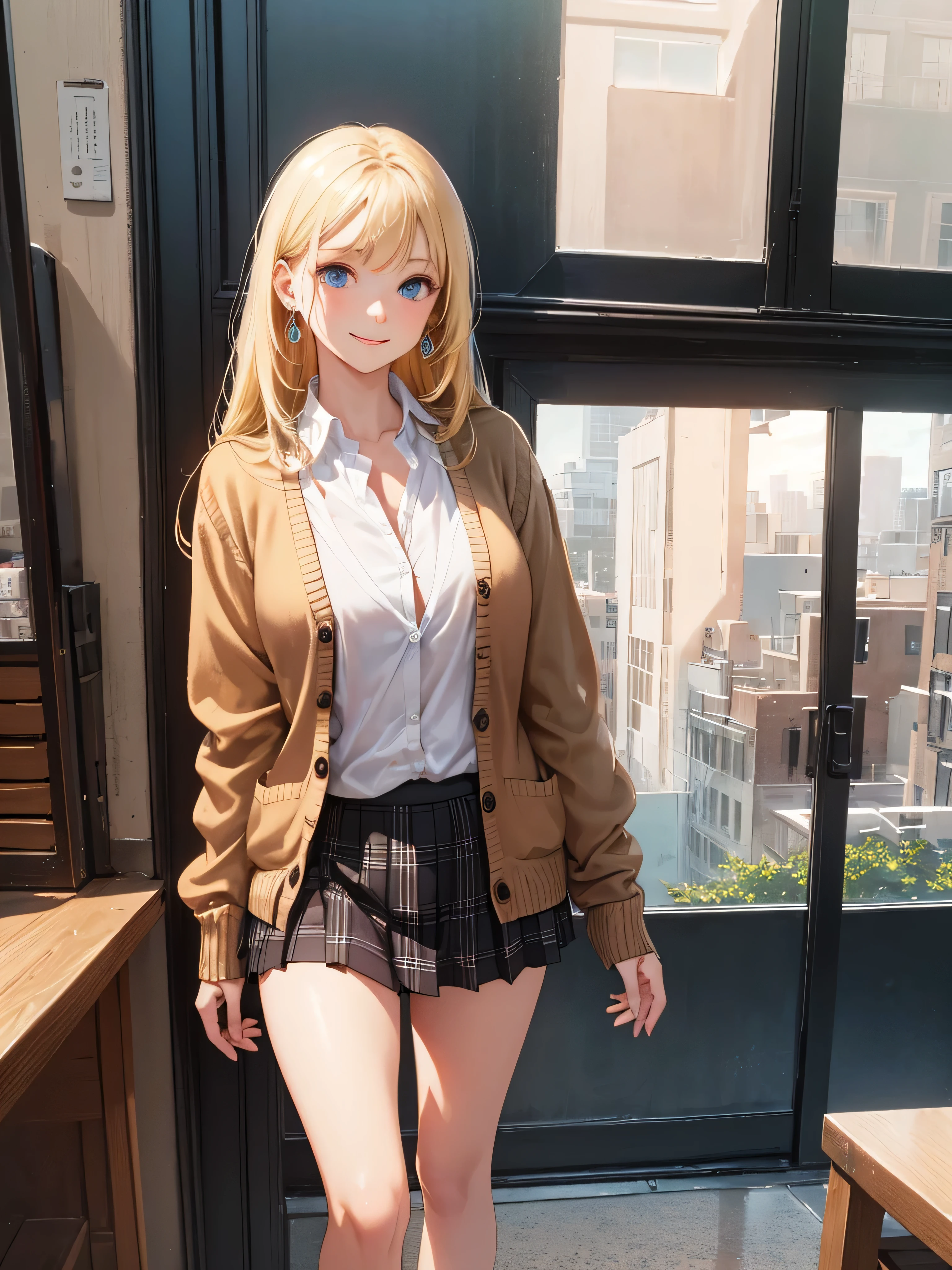 (masterpiece:1.2, highest quality), (realistic, photorealistic:1.4), beautiful illustrations, (natural side lighting, movie lighting),
looking at the viewer, 1 girl, Japanese, high school girl, perfect face, Cute symmetrical face, shiny skin, baby face,
(long hair, straight hair, sideburns, (blonde)), flowing bangs, blue eyes, (medium breasts, seductive thighs, big ass), earrings,
beautiful hair, beautiful face, detailed and beautiful eyes, beautiful clavicle, beautiful body, beautiful breasts, beautiful thighs, beautiful feet, beautiful fingers,
(((brown cardigan, Clothes nearby), white collared shirt, black plaid pleated mini skirt)),
(beautiful scenery), evening, (cafe shop), Are standing, (adorable smile, upper eye),