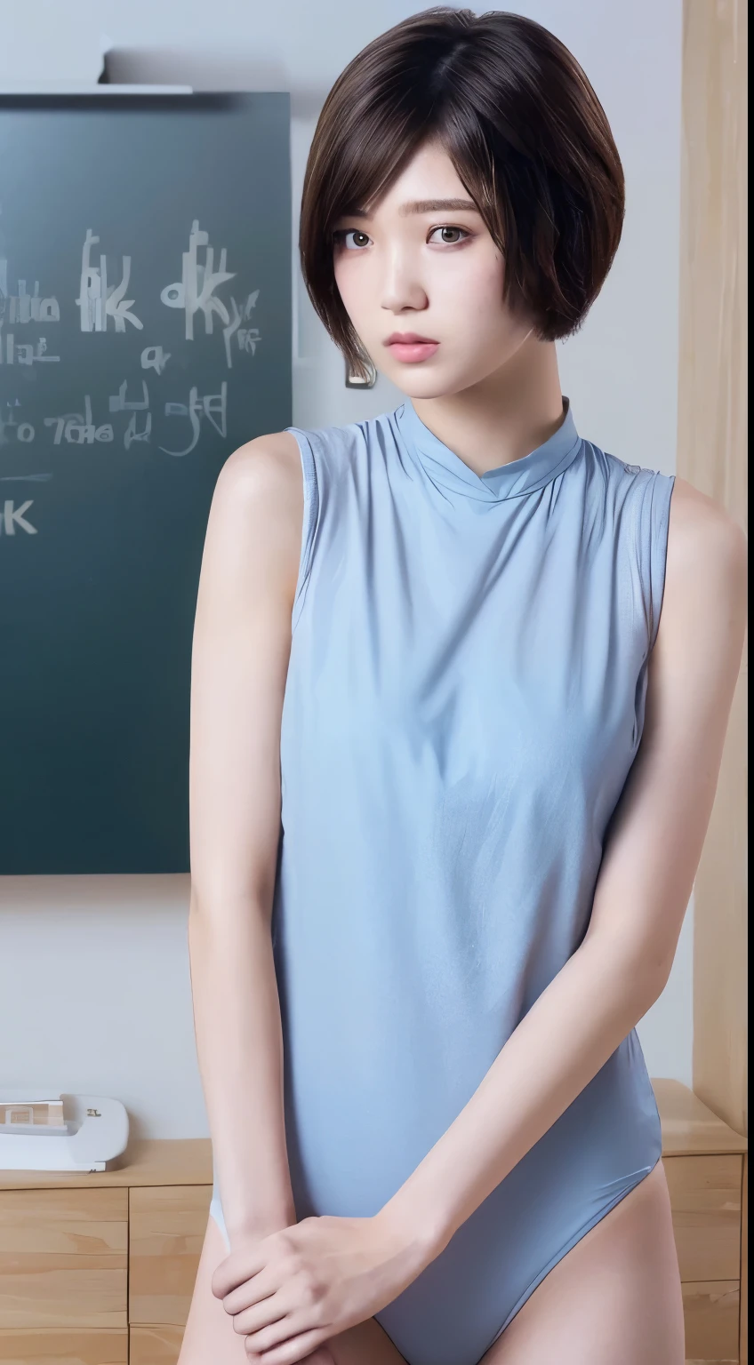 ((Top Quality, 8k, Masterpiece: 1.3)), 1 Woman, Slender Swimsuit Highlighted Beautiful Girl: 1.3, (Short Hairstyle, Big: 1.2), Plain Clothes: 1.2, Indoors, Ultra Detailed Face, Detailed Eyes, Double Eyelids