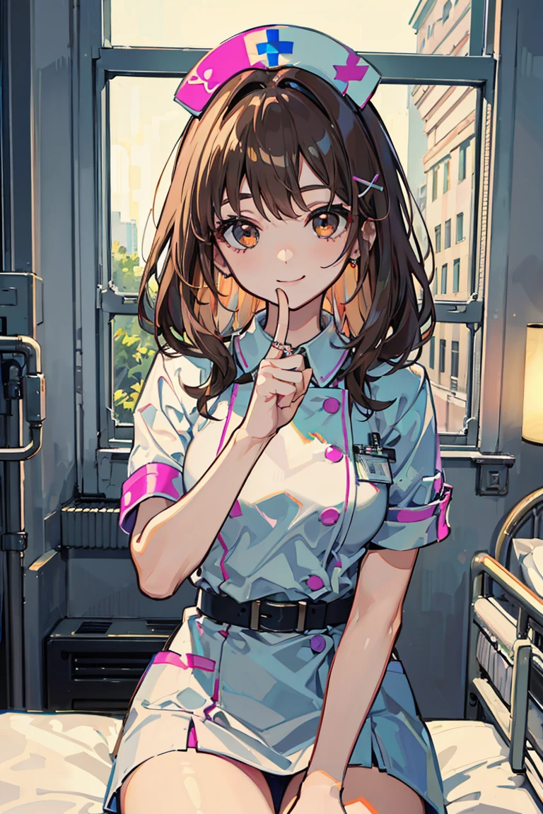 1 girl, Street fashion, (white nurse uniform), shortcut, (wavy hair), brown hair, (hair ornaments), lively look, bright smile, ribbon ,detailed beautiful brown eyes, hospital bed,24-years-old, colorful hair, Beautiful shining eyes, romanticism, modern art, Impressionism, reflected light, 8K, masterpiece, advanced details, highest quality, accurate anatomy, Non-deformed fingers