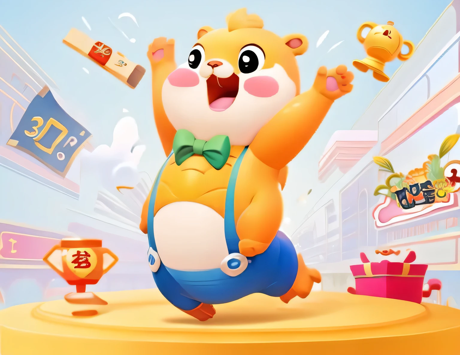 There is a cartoon bear jumping in the air, 9k, 9k, 3 d icon for mobile game, Lovely:2, Character Design Contest Winner, mobile game art, 8k cartoon illustration, hamster, Popular topics on cgstation, dambru, Award-winning images, Weibo, celebration, Game CG, 2 d CG, mobile game, Lovely cartoon character，3D rendering art, 3D stylized scene，Ultra high detail