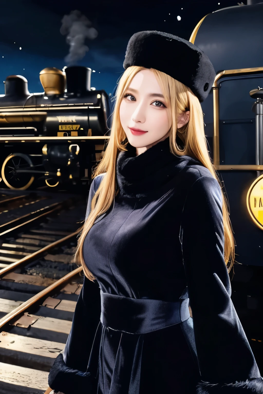 maetel, long hair, blonde hair,fur trim, black headwear, fur hat, dress,(cowboy shot:1.1), yellow eyes, (luggage:1.1), steam (train station:1.1),station platform,  night, galaxy,999
best quality, highly detailed, masterpiece, absurdres,8k,   (detailed eyes, deep eyes),photorealistic, realistic,detailed skin texture, detailed pupils,HDR,
1woman,(happy:1.1),smile, (angular face:1.2),shiny face,large breasts, (narrow waist:1.1), lip makeup,long eyelashes