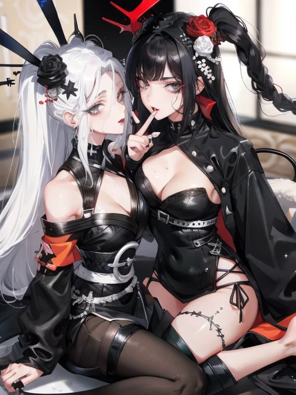 Two women kisasterpiece, best quality, high quality, ultra detailed, 1girl, looking at viewer, white hair, gray eyes, black lipstick, black shirt, sitting on a white floor, demon girl, gothcore, 1 7 - year - old, goth girl, japanese gothic, gothic punk style, black metal style, hands on head,.yurikiss、Girl kissing girl、
