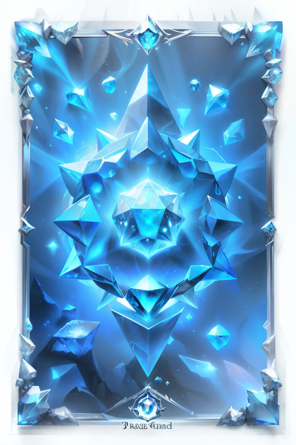 Close up of a blue diamond in a silver frame, Frost Gem, ice spell, Fantasy game spell symbols, tarot card background, Ice crystal armor, front game card, fractal tarot card style, Ice Mage, Icicle background, crystal skin, fantasy shield, Tarot card design, Full card design, vast ice dungeon, mysterious art style