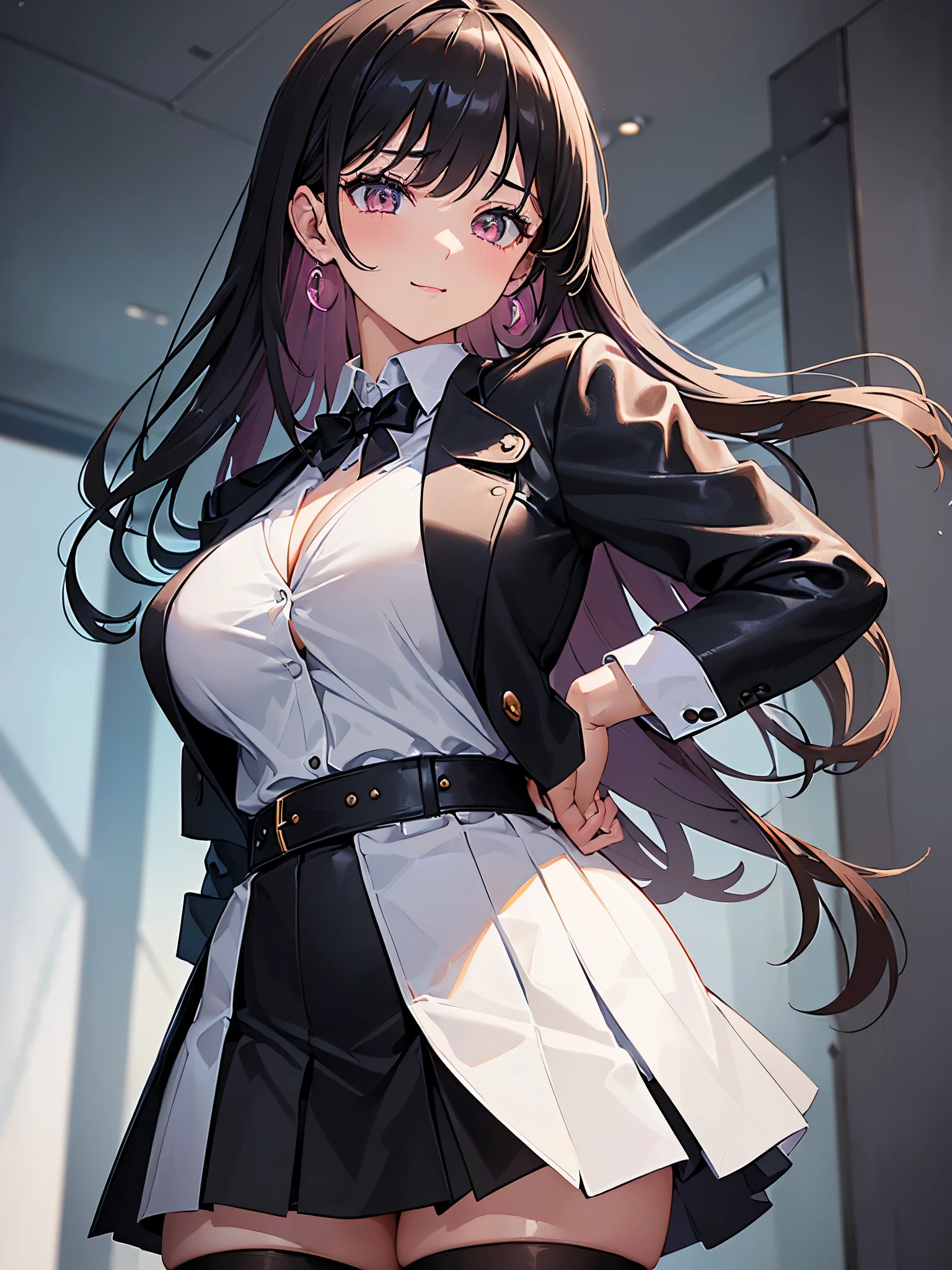 ((((best quality)))), ((((Masterpiece)))), ((((The best details)))), ((((perfect face)))), digital detail, ((highly detail)), ((4k quality)), ((((young woman.One person was standing in my bedroom. and stared at me and smiled warmly, She's pretty and cute., Has shiny black hair., Her hair is quite long and straight., Has sparkling pink eyes, Her breasts were quite large, probably G cups., Her waist is small., Has a plump buttocks, Her thighs are quite chubby., ((She wears a student uniform from a school.)), Wear long black stockings., The shirt was unbuttoned a little, leaving only her waist covered., Revealing her sexy cleavage and bra., Her hands are small, soft, and cute.)))), ((((She wore a white shirt., Black leather skirt, black blazer)))), ((((best hand details))))