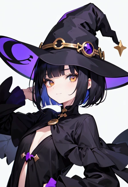 Witch's outfit, Anime-style portrait of a girl with a deep violet bob cut, {Golden eyes}, bright eyes, baby-faced, eye contact with the camera, subtle smile, minimalistic background to emphasize character, high contrast, clean lines, digital painting, vivid colors