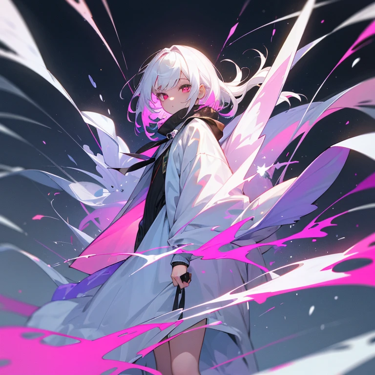 masterpiece, 最好的quality, High_quality, High_solve, masterpiece*wear, white, rich and colorful, 1 girl, alone, white_hair, prism hair, [Pink|green] Eye, gradient Eye, multicolored Eye, luminescent Eye, luminescent, flash, luminescent white particles, wind lift, full_Body, Melting raincoat