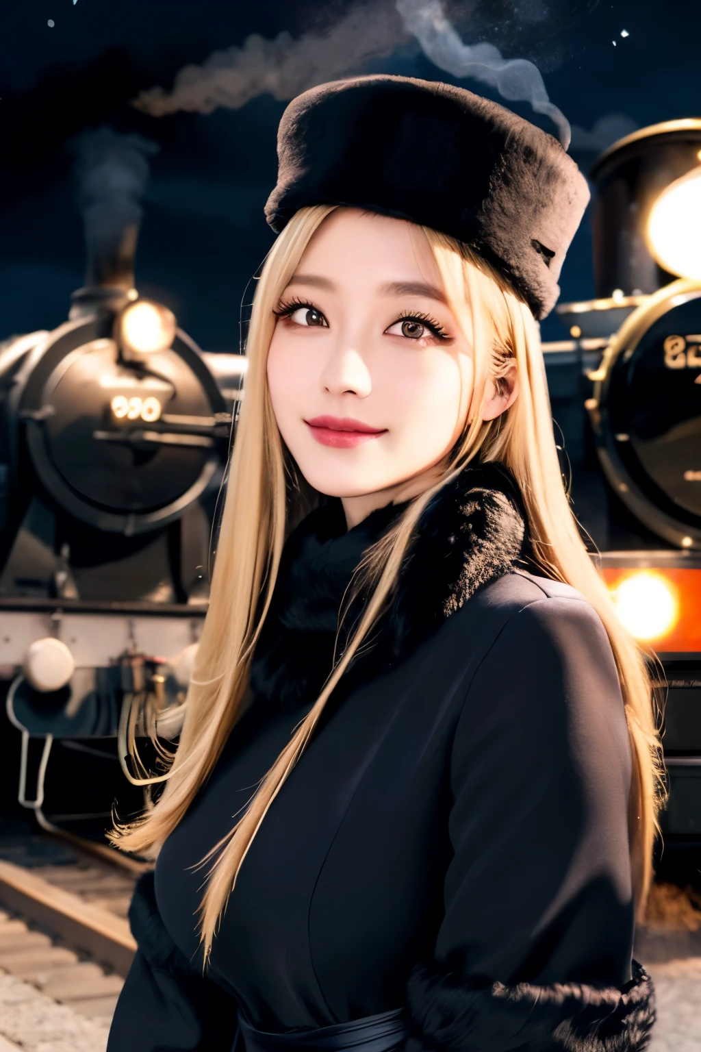 maetel, long hair, blonde hair,fur trim, black headwear, fur hat, dress,(cowboy shot:1.1), yellow eyes, (luggage:1.1), steam (train station:1.1),station platform,  night, galaxy,999
best quality, highly detailed, masterpiece, absurdres,8k,   (detailed eyes, deep eyes),photorealistic, realistic,detailed skin texture, detailed pupils,HDR,
1woman,(happy:1.1),smile, (angular face:1.2),shiny face,large breasts, (narrow waist:1.1), lip makeup,long eyelashes