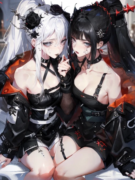 Two women kisasterpiece, best quality, high quality, ultra detailed, 1girl, looking at viewer, white hair, gray eyes, black lipstick, black shirt, sitting on a white floor, demon girl, gothcore, 1 7 - year - old, goth girl, japanese gothic, gothic punk style, black metal style, hands on head,.yurikiss、Girl kissing girl、