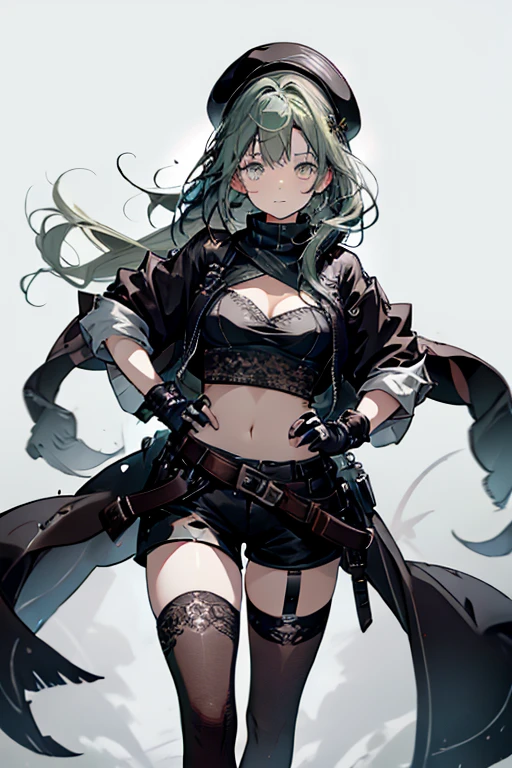 ubel,dark green hair,long hair,side ponytail,hair between eyes,bangs, BREAK (beret, black jacket, open clothes, cleavage, midriff, black shorts, black thighhighs, thigh strap, fingerless gloves, single glove:1.2) BREAK blurry background, BREAK pose, hand on hip, BREAK (masterpiece:1.2), best quality, high resolution, unity 8k wallpaper, (illustration:0.8), (beautiful detailed eyes:1.6), extremely detailed face, perfect lighting, extremely detailed CG, (perfect hands, perfect anatomy),