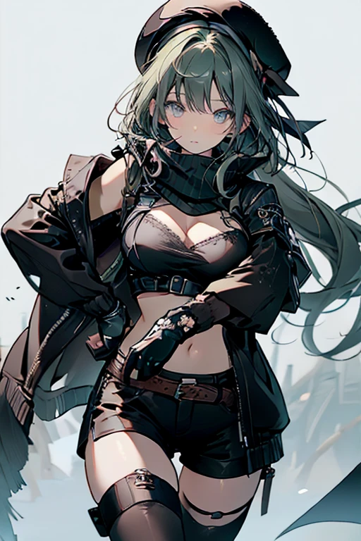 ubel,dark green hair,long hair,side ponytail,hair between eyes,bangs, BREAK (beret, black jacket, open clothes, cleavage, midriff, black shorts, black thighhighs, thigh strap, fingerless gloves, single glove:1.2) BREAK blurry background, BREAK pose, hand on hip, BREAK (masterpiece:1.2), best quality, high resolution, unity 8k wallpaper, (illustration:0.8), (beautiful detailed eyes:1.6), extremely detailed face, perfect lighting, extremely detailed CG, (perfect hands, perfect anatomy),