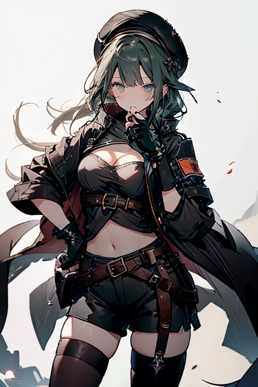 ubel,dark green hair,long hair,side ponytail,hair between eyes,bangs, BREAK (beret, black jacket, open clothes, cleavage, midriff, black shorts, black thighhighs, thigh strap, fingerless gloves, single glove:1.2) BREAK blurry background, BREAK pose, hand on hip, BREAK (masterpiece:1.2), best quality, high resolution, unity 8k wallpaper, (illustration:0.8), (beautiful detailed eyes:1.6), extremely detailed face, perfect lighting, extremely detailed CG, (perfect hands, perfect anatomy),