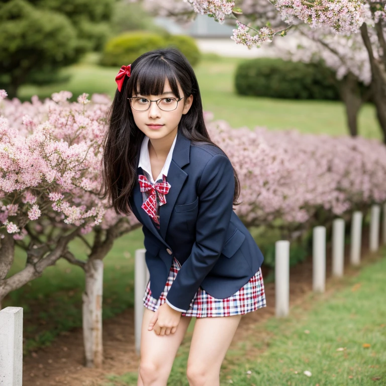 (masterpiece, highest quality, High resolution,8K), Beautiful 15 year old Japanese student, wear glasses, beautiful black hair, wear glasses, Traditional ,(navy blue blazer,white collared shirt, dark red bow tie, Checkered grey pleated skirt, black stockings, black loafers), big breasts, cleavage, A Japanese school with cherry blossoms in full bloom , Photographed at the best angle
