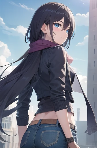 long hair, black hair, (blue eyes:1.3), hair between eyes, cute face, smile, blush, hair drills
BREAK jeans, zipped jacket, scarf, arm warmers, arms crossed, midriff peek
BREAK sky, clouds, palace courtyards
BREAK looking at viewer, wind, wind blowing, from side
BREAK (masterpiece:1.2), best quality, high resolution, unity 8k wallpaper, (illustration:0.8), (beautiful detailed eyes:1.6), extremely detailed face, perfect lighting, extremely detailed CG, (perfect hands, perfect ???????)