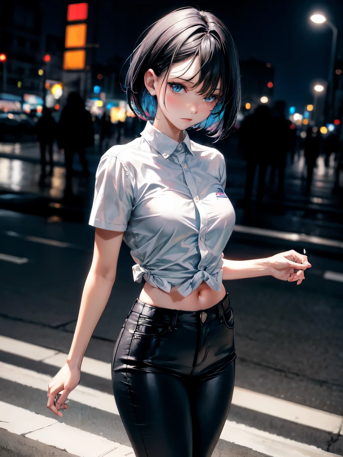 anime girl, blue eyes, short hair, Real Madrid white shirt, short jeans, black hair, 2d, anime art, standing, facing the viewer, city lights, night time, neon background, wearing Real Madrid shirt, normal face expressions, 
