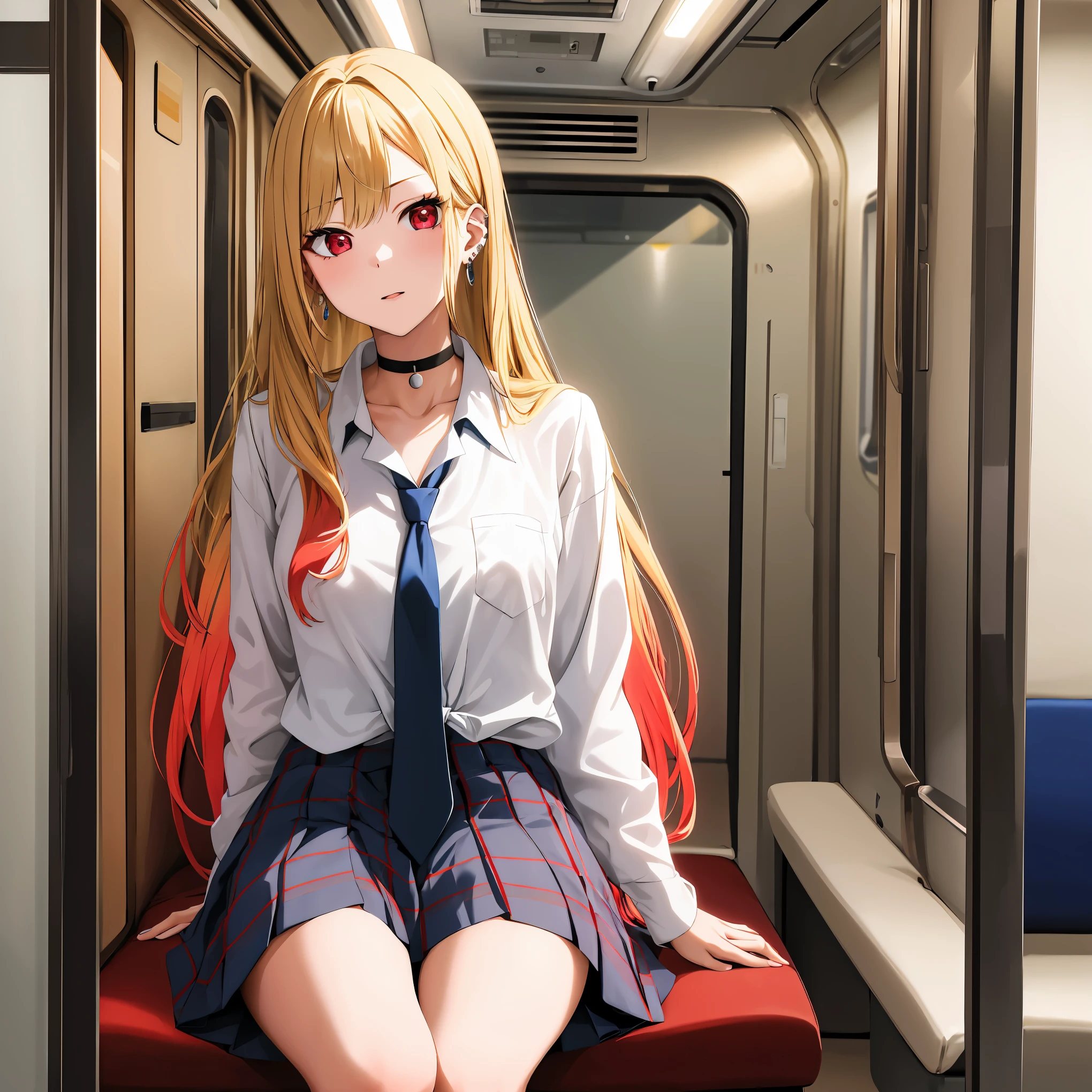 masterpiece, best quality, highres, kitagawa marin, 1girl, blonde hair, long hair, multicolored hair, red eyes, jewelry, earrings, piercing, , white shirt, tied shirt, black choker, blue necktie, plaid skirt, sitting, train interior,