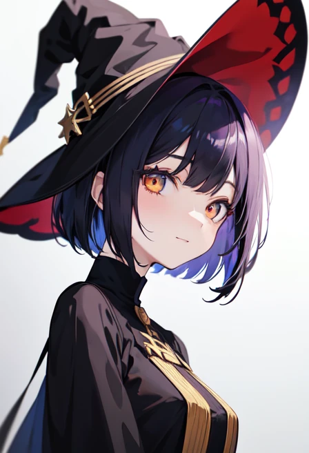 Witch's outfit, Anime-style portrait of a girl with a deep violet bob cut, {Golden eyes}, bright eyes, baby-faced, eye contact with the camera, subtle smile, minimalistic background to emphasize character, high contrast, clean lines, digital painting, vivid colors