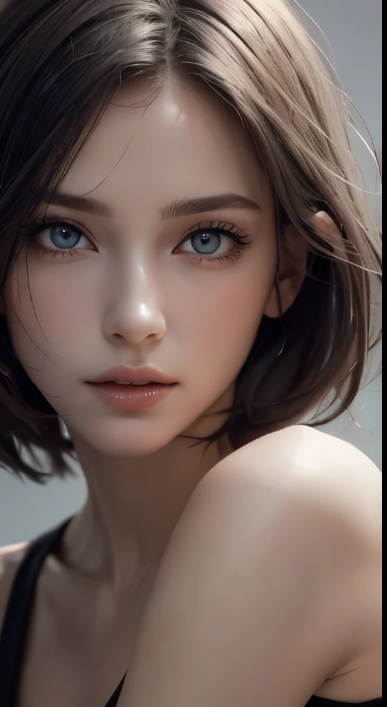 8k uhd、RAWphotograph、モデルphotograph撮影、Russian Race, European race, (masterpiece, highest quality, photorealistic, High resolution, photograph: 1.3), Close-up, Focusing, hot models, slim, 30 year old mature woman、small face、short cut hair、dark brown hair、Detailed beautiful eyes、realな肌, (perfect body), Sexy hot face, erotic, sexual gaze, slim, Sweat top, Detailed beautiful eyes、glossy lips、small breasts、、bust B cup、((bright light、dynamic lighting、real、超real、 realism、realistic details、Cool Beauty、cool pose、background gray、Plain gray background