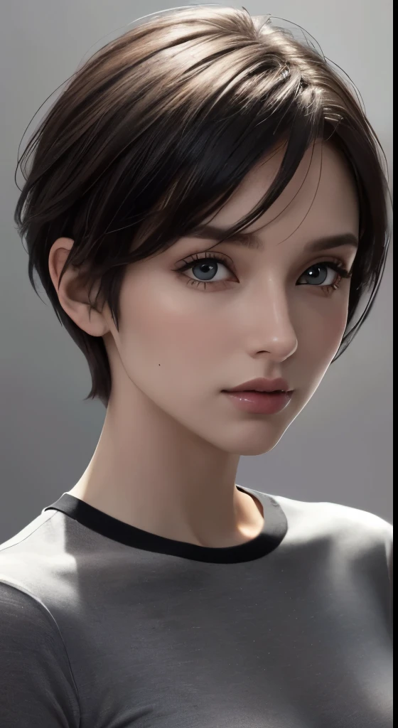 8k uhd、RAWphotograph、モデルphotograph撮影、Russian Race, European race, (masterpiece, highest quality, photorealistic, High resolution, photograph: 1.3), Close-up, Focusing, hot models, slim, 30 year old mature woman、small face、short cut hair、dark brown hair、Detailed beautiful eyes、realな肌, (perfect body), Sexy hot face, erotic, sexual gaze, slim, Sweat top, Detailed beautiful eyes、glossy lips、small breasts、、bust B cup、((bright light、dynamic lighting、real、超real、 realism、realistic details、Cool Beauty、cool pose、background gray、Plain gray background