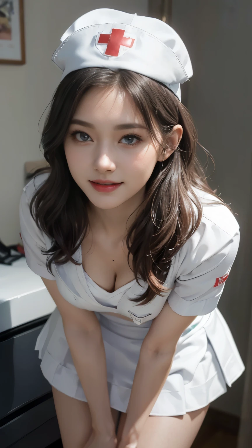 Innocent 18 year old girl,Colossal tits:1.2,cleavage of the breast:1.2、(pantyshot:1.3) (White nurse uniform:1.5),( White short skirt:1.5),(White nurse cap:1.5),(White Nurse Pump:1.5), (Stand leaning forward:1.3),(Hands down:1.5)、The background is a hospital room、Smile,short-cut、Raw photo, (8K、top-quality、masterpiece:1.2)、(intricate detailes:1.4)、(Photorealsitic:1.4)、octane renderings、Complex 3D rendering ultra detail, Studio Soft Light, Rim Lights, vibrant detail, super detailing, realistic skin textures, Detail Face, Beautiful detail eyes, Very detailed CG Unity 16k wallpaper, make - up, (detailedbackground:1.2), shinny skin, Full body
