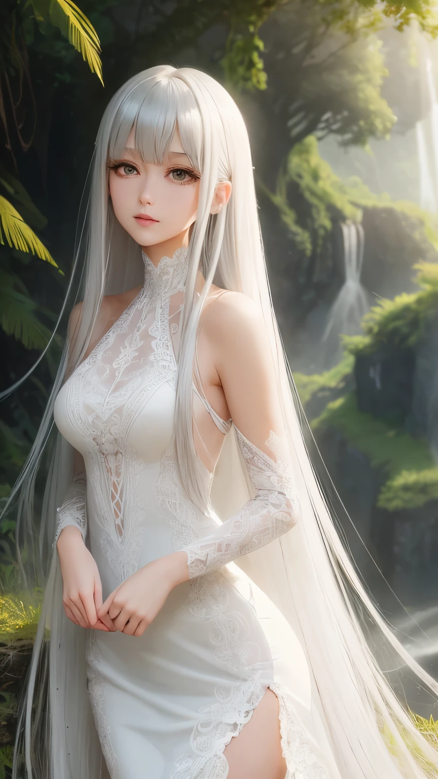 arafed woman in a white bodysuit posing in a forest, detailed white long hair, with white long hair, tifa lockhart with white hair, with long white hair, shiny white skin, deviantart artstation cgscosiety, trending on cgstation, fanart best artstation, a sexy maid in a magical forest, :: rossdraws, perfect white haired girl