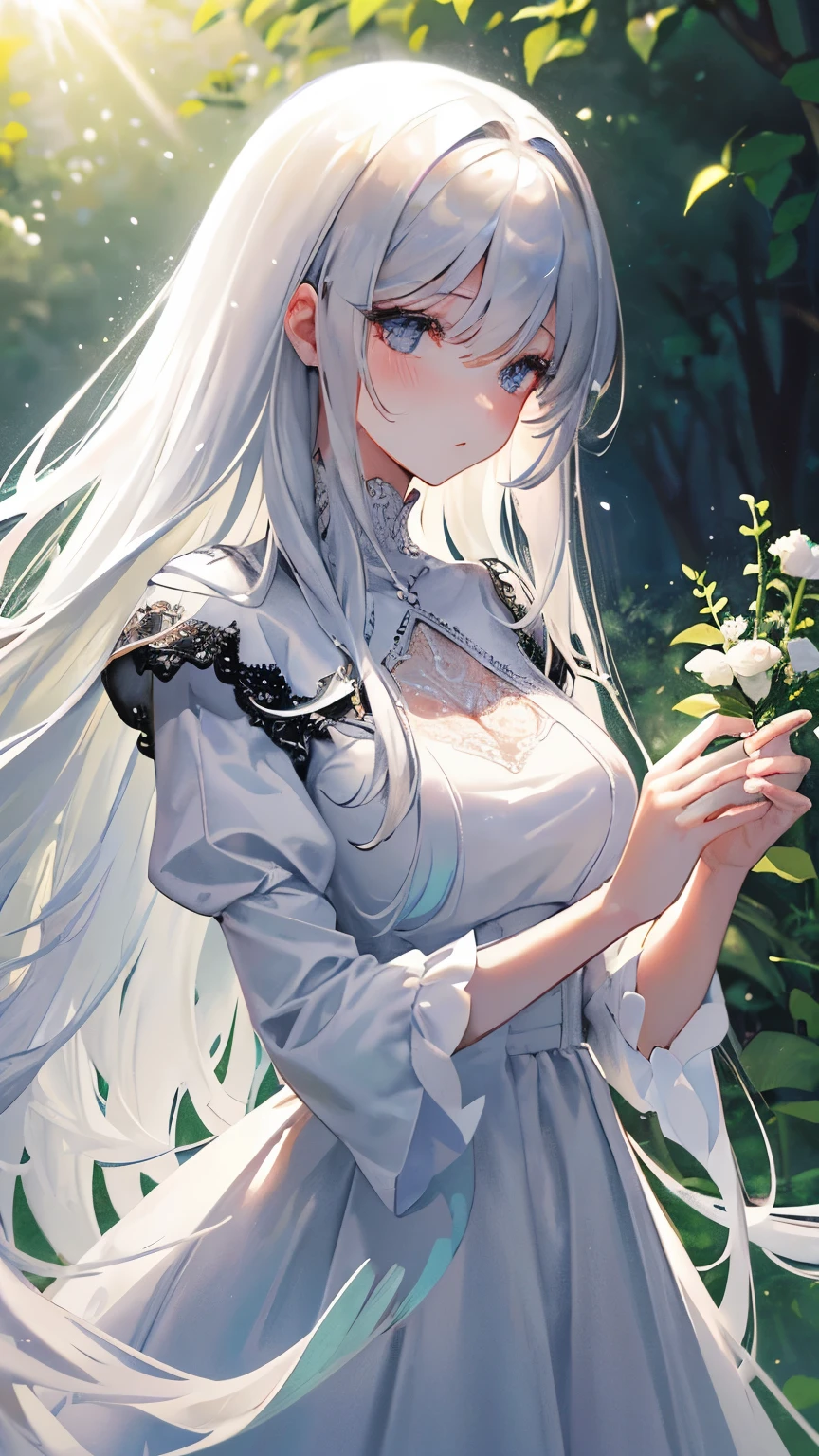 best quality, super fine, 16k, incredibly absurdres, extremely detailed, beautiful woman, white-silver straight hair, bangs, long white bushy eyelashes, slender, tight long black dress with lace, black eyes, located on top of a lush green hill, fantastic and mysterious, sunlight shining through, iridescent fluffy pastel color image style