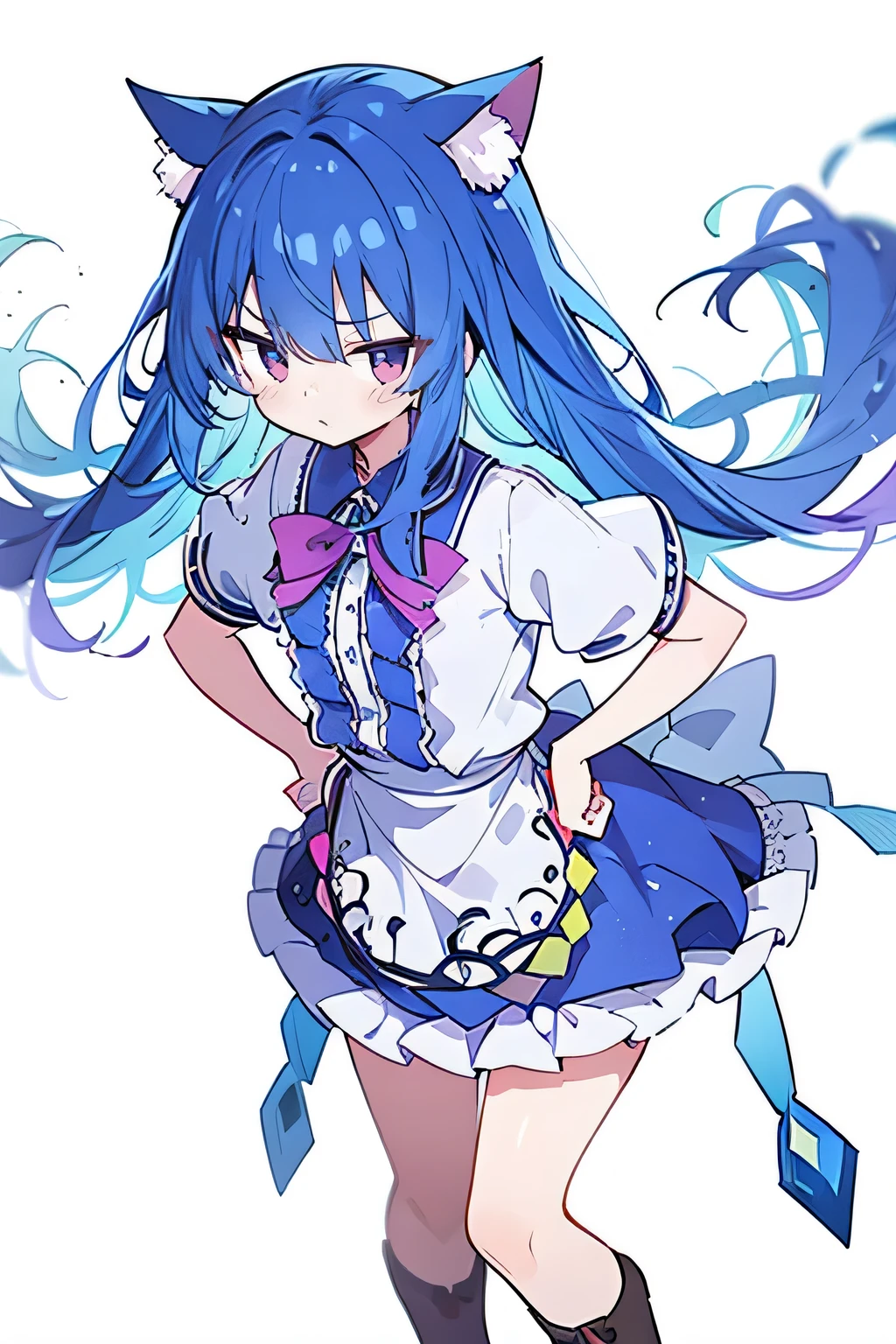 (masterpiece),best quality, expressive eyes, perfect face, 1girl,
Put your hands on your waist,fair, Gorgeous,Japanese cartoons,girl,lola,Hina Angel, blue hair, blue haired, floating clothes,Grab your waist, Grab your waist, hands on hips , hands on hips,sit, sit on ground, Legs on the ground, flat chest,cat ears,