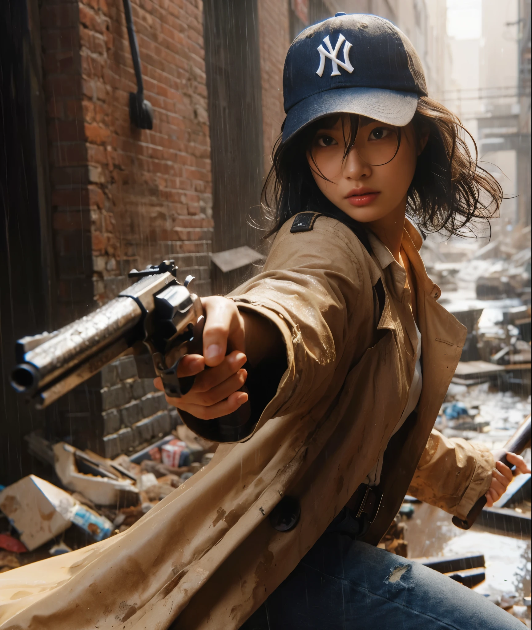 (highly detailed, realistic photo, realistic skin texture), 8K, an American-based beautiful Japanese woman holding a sawed-off shotgun at her waist and looking back, wearing a dirty and torn beige trench coat, a navy Yankees baseball cap, dirty high-top Nike sneakers, in an alley with scattered bricks and debris, with rain falling and wet clothes, with a fascinating and action-packed pose, and a cool composition.