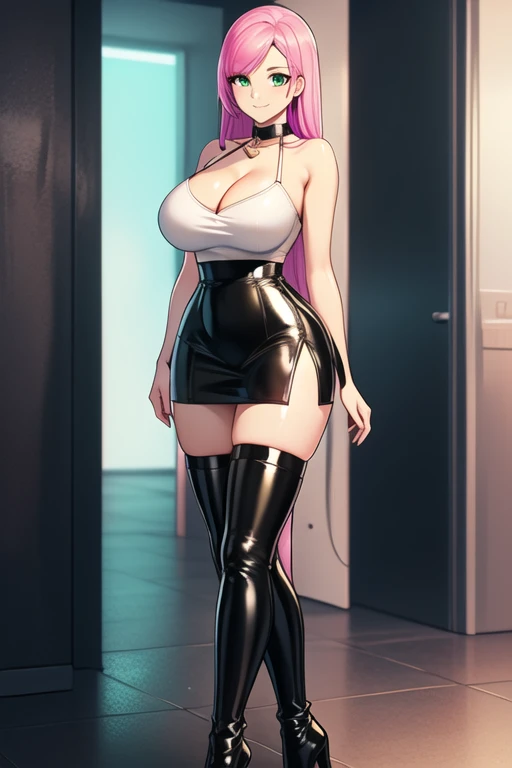 1 girl, 19 years old, Long pink hair, green eyes with slit pupils, master-piece, best quality, (standing up), (white tube top), (tight white tube top, black leather pencil mini skirt, patent leather high heel boots, cleavage), (Big , ultra gigantic , Super super big, Glamorous body), Make eye contact with the camera, front figure, looking forward, (light_Smile:1.5), (Detailed hands and fingers:1.2) (Cyberpunk City), (FULL BODYSHOT), thighs thighs thighs thighs、beauty legs、