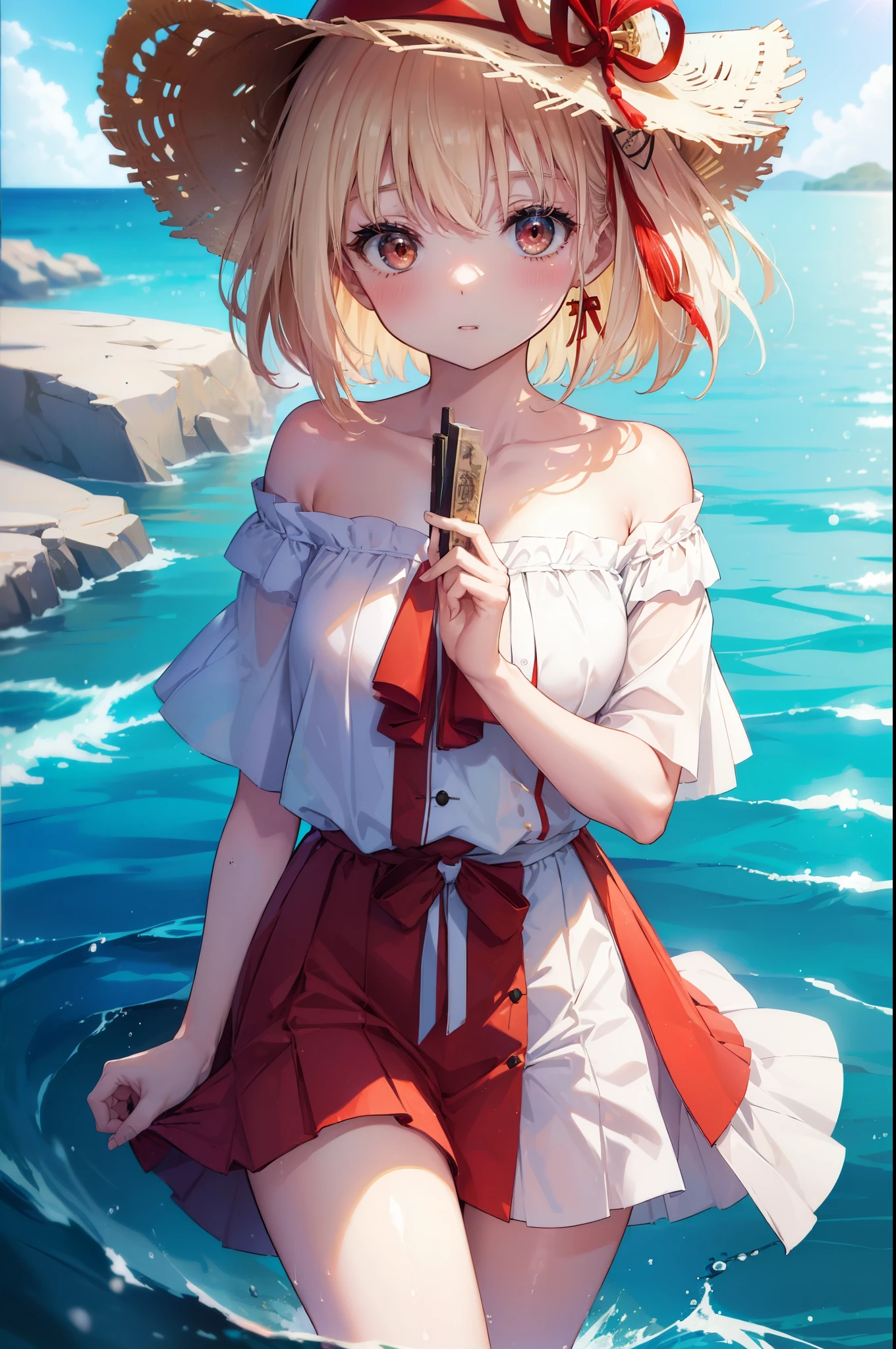 chisatonishikigi, nishikigi chisato,long hair , bangs, blonde hair, (red eyes:1.5), ,smile,blush,open your mouth,big straw hat,off shoulder dress,long skirt,naked neck,bare shoulders,bare clavicle,Grab the skirt with both hands and lift it up,barefoot,beachの砂浜を散歩しながら,風になびくblonde hair, real summer,Light of the sun,
break outdoors,beach ,
break looking at viewer, (cowboy shot:1.5),
break (masterpiece:1.2), highest quality, High resolution, unity 8k wallpaper, (shape:0.8), (fine and beautiful eyes:1.6), highly detailed face, perfect lighting, Very detailed CG, (perfect hands, perfect anatomy),