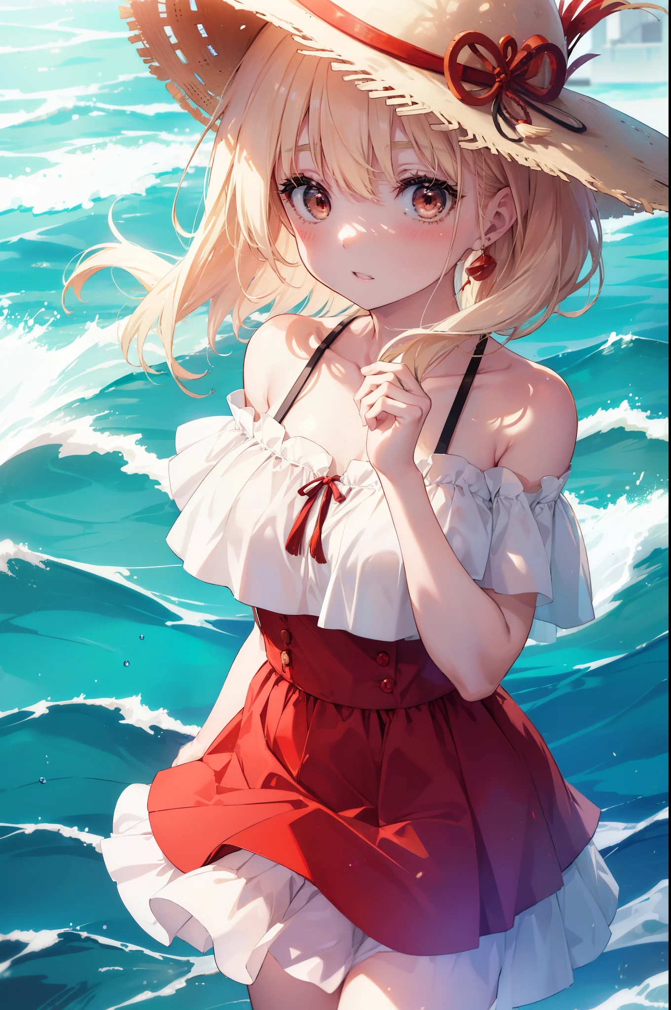 chisatonishikigi, nishikigi chisato,long hair , bangs, blonde hair, (red eyes:1.5), ,smile,blush,open your mouth,big straw hat,off shoulder dress,long skirt,naked neck,bare shoulders,bare clavicle,Grab the skirt with both hands and lift it up,barefoot,beachの砂浜を散歩しながら,風になびくblonde hair, real summer,Light of the sun,
break outdoors,beach ,
break looking at viewer, (cowboy shot:1.5),
break (masterpiece:1.2), highest quality, High resolution, unity 8k wallpaper, (shape:0.8), (fine and beautiful eyes:1.6), highly detailed face, perfect lighting, Very detailed CG, (perfect hands, perfect anatomy),