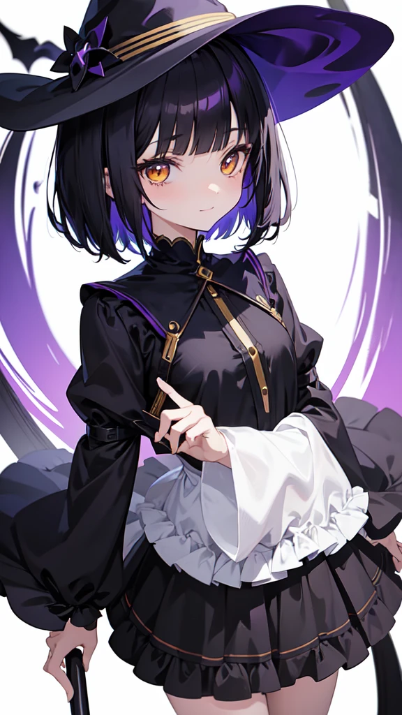 Witch's outfit, Anime-style portrait of a girl with a deep violet bob cut, {Golden eyes}, bright eyes, baby-faced, eye contact with the camera, subtle smile, minimalistic background to emphasize character, high contrast, clean lines, digital painting, vivid colors