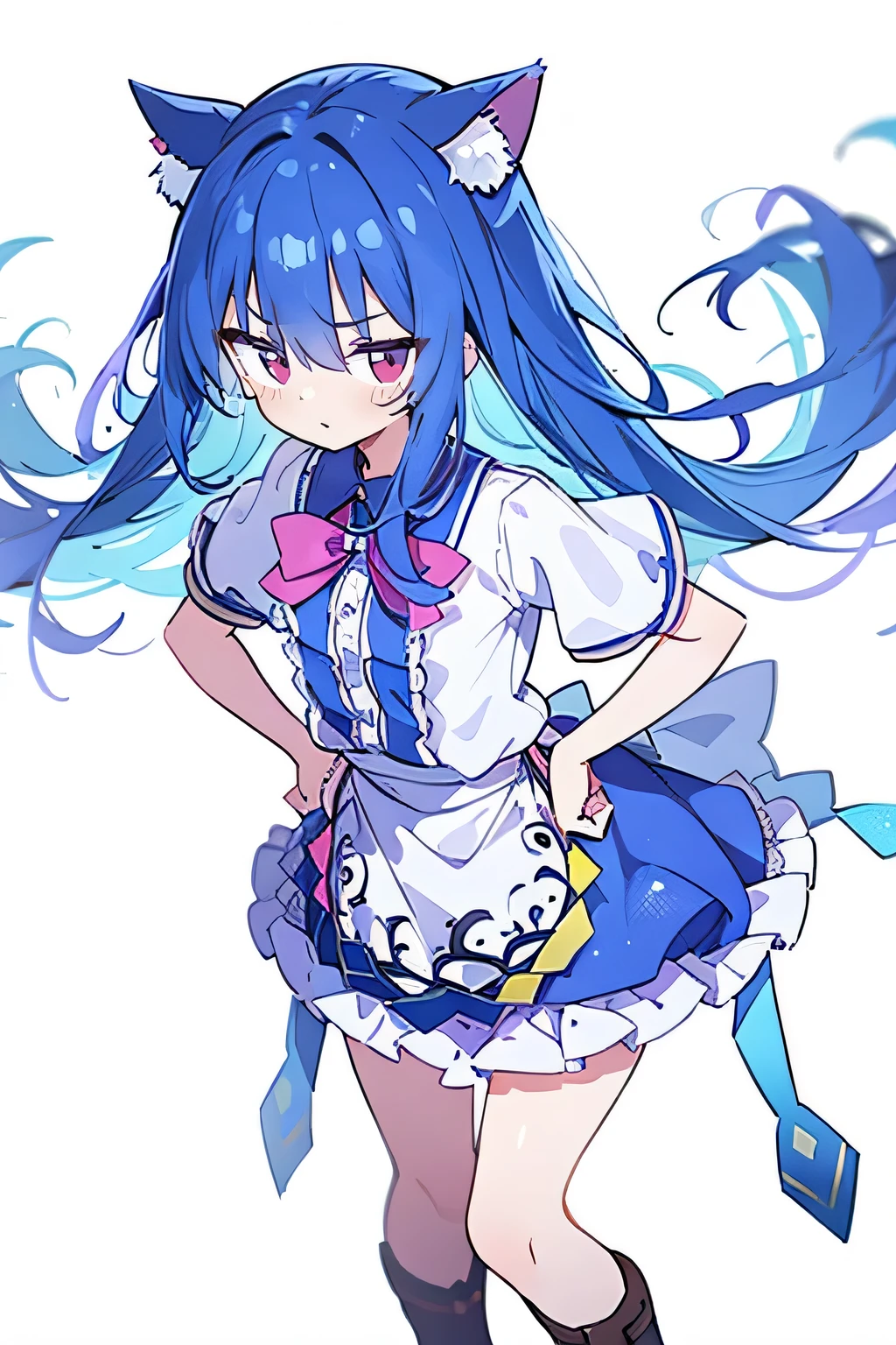 (masterpiece),best quality, expressive eyes, perfect face, 1girl,
 Put your hands on your waist,fair, Gorgeous,Japanese cartoons,girl,lola,Hina Angel, blue hair, blue haired, floating clothes,Grab your waist, Grab your waist, hands on hips , hands on hips,sit, sit on ground, Legs on the ground, flat chest,cat ears,