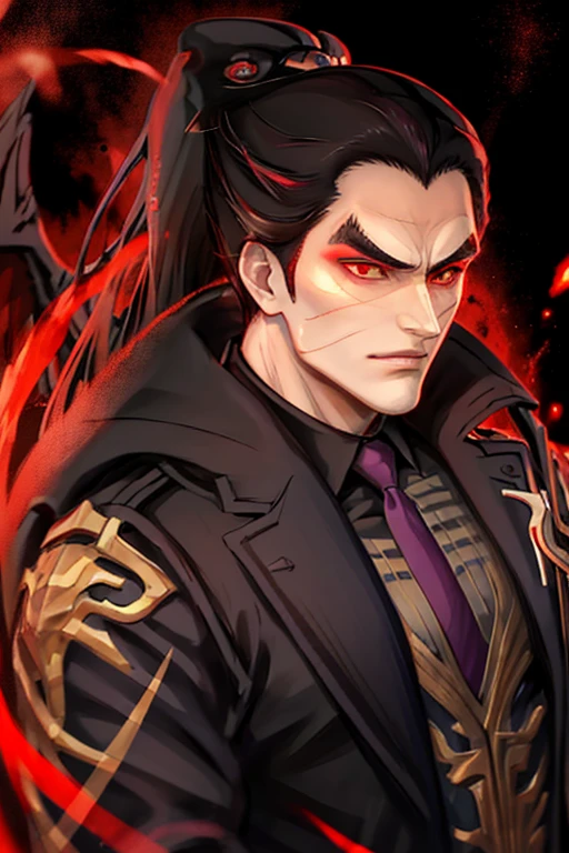 like all the demon princes, I am quite tall. I have purple hair tied back in a ponytail, and red eyes with sharp silver pupils. I wear fine clothes, as befits a prince of Hell, though they are always black. My demeanor is haughty, arrogant, and superior to others. I carry myself with confidence and a sense of pride that is unrivaled. When I speak, my words are sharp and my voice is powerful. I am the embodiment of pride and arrogance. handsome male, bara, muscular (8k) (good quality) dark purple hair. Red eyes.