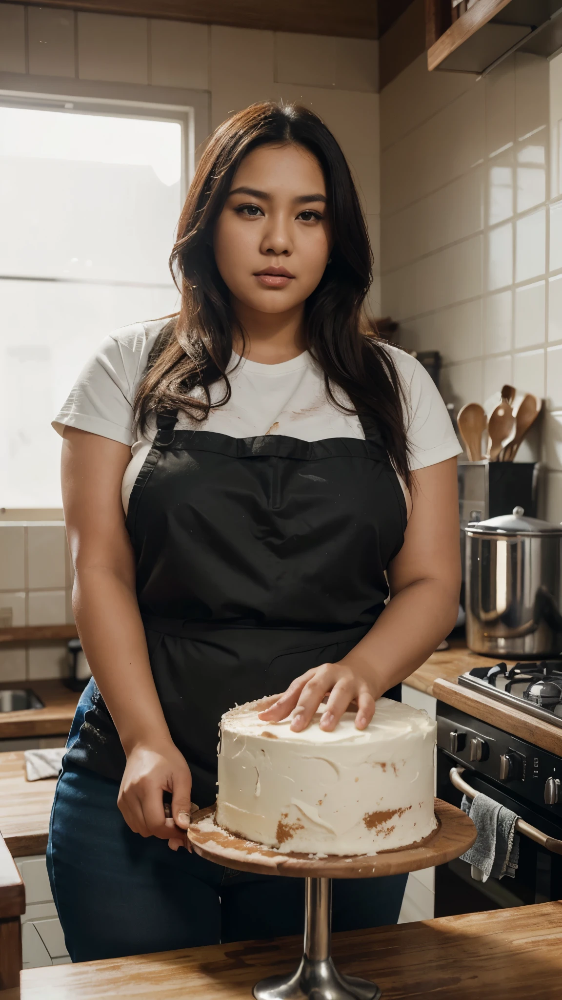 , photoshop art , indonesian women's faces , plus size woman , plump woman , worksafe.cgsociety and fear , puskaracü<a , Alston Charles by , 9 n— details provided , making cake with rolling pin , messy flour on the table , Conner Mac by , realistic , presenter , kitchen background , illustration