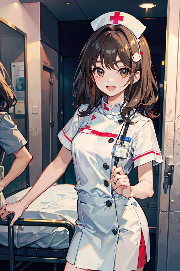 1 girl, Street fashion, (white nurse uniform), shortcut, (wavy hair), brown hair, (hair ornaments), lively look, bright smile, ribbon ,detailed beautiful brown eyes, hospital bed,24-years-old, Beautiful shining eyes, romanticism, modern art, Impressionism, reflected light, 8K, masterpiece, advanced details, highest quality, accurate anatomy, Non-deformed fingers