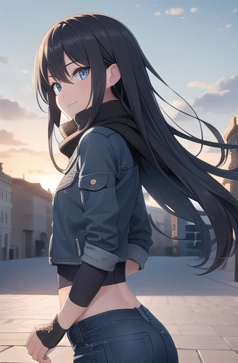 long hair, black hair, (blue eyes:1.3), hair between eyes, cute face, smile, blush, hair drills
BREAK jeans, zipped jacket, scarf, arm warmers, arms crossed, midriff peek
BREAK sky, clouds, palace courtyards
BREAK looking at viewer, wind, wind blowing, from side
BREAK (masterpiece:1.2), best quality, high resolution, unity 8k wallpaper, (illustration:0.8), (beautiful detailed eyes:1.6), extremely detailed face, perfect lighting, extremely detailed CG, (perfect hands, perfect anatomy)